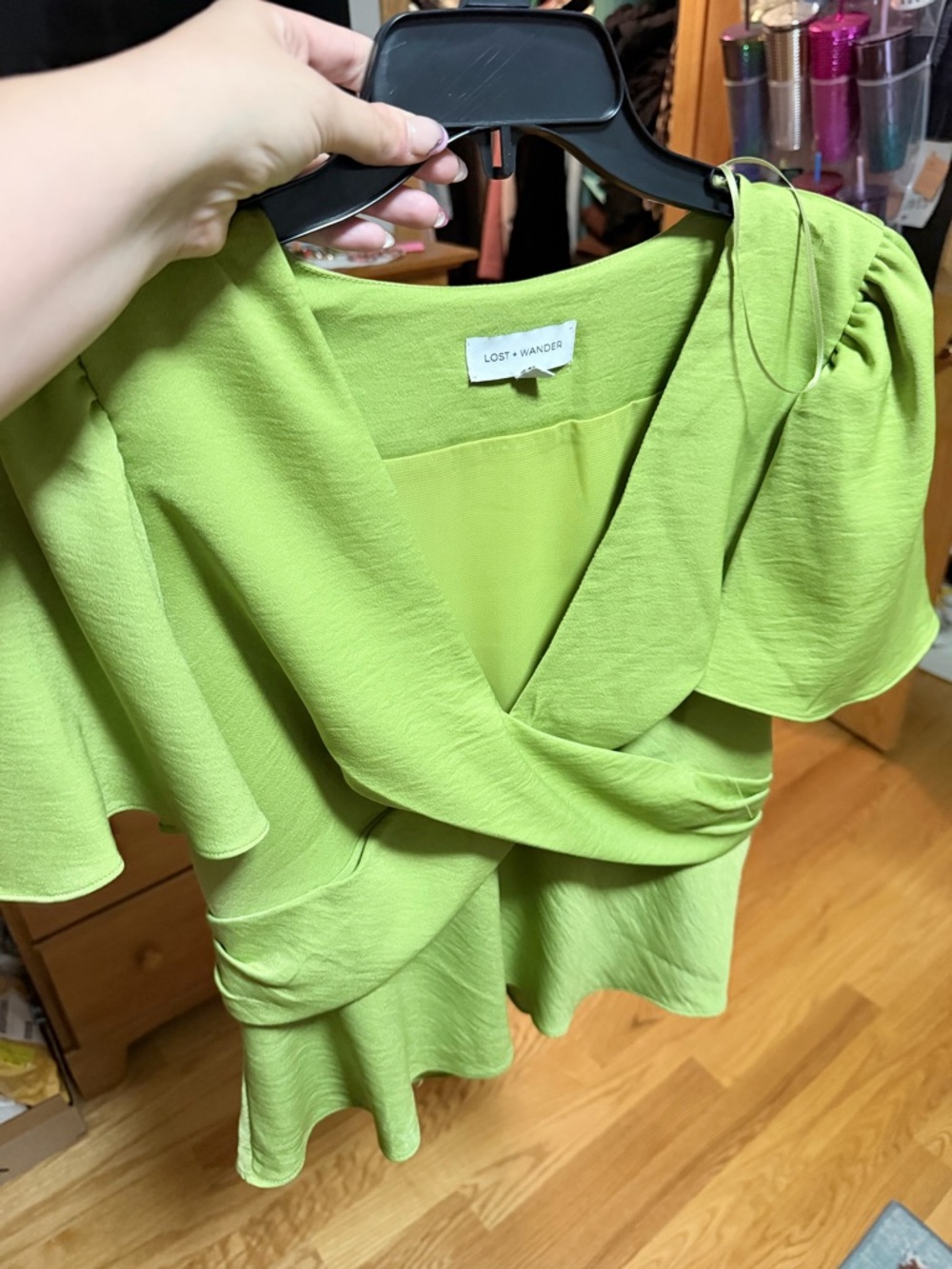Lost + Wander Bright Lime Green Draped V-Neck Blouse